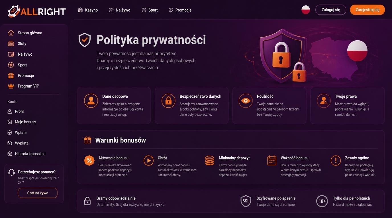 Kasyno Allright zapewnia prywatność i uczciwe zasady już od pierwszych kliknięć